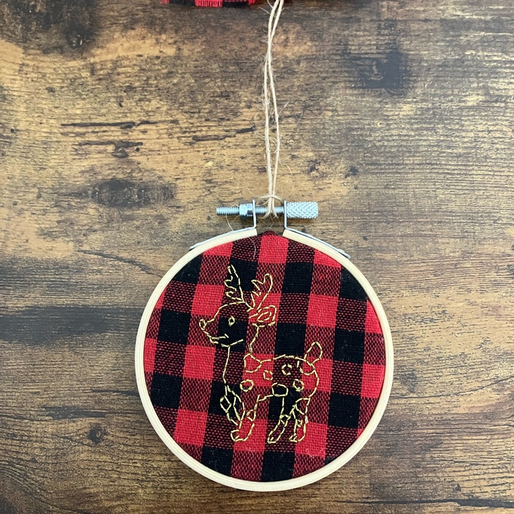 Hand Embroidered Reindeer Christmas Ornament Red Buffalo Plaid, Hoop Art